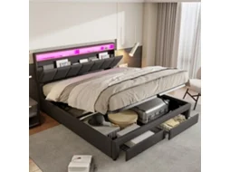 Cama De Casal Com Gavetas 180x200cm, Cama Com Armazenamento King Size Em Tecido De Linho Cinzento, Iluminação Led E Design Moderno Para Quarto