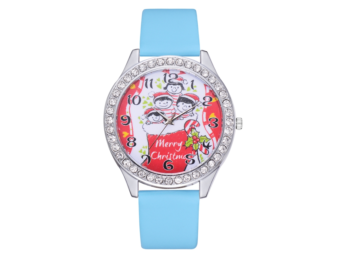 Relógio casual de quartzo com pulseira de PU, estampa natalina, unissex (azul celeste)