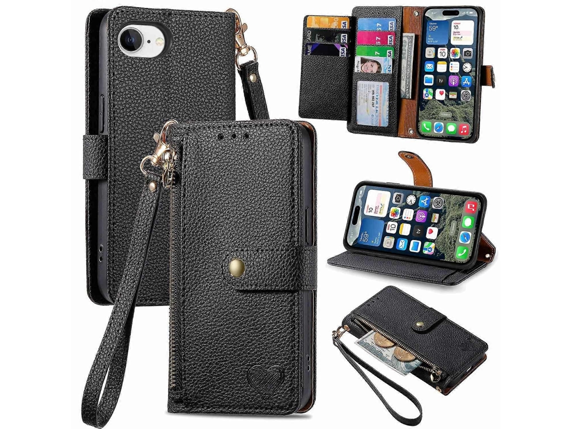 Capa Tipo Carteira De Couro Com Bloqueio Rfid Para Iphone 16e E Bolso Com Zíper