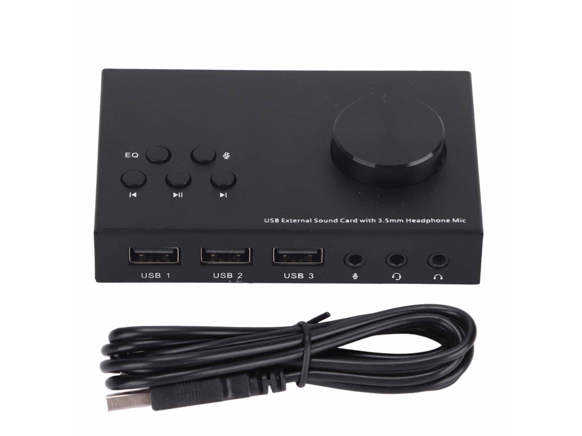 Placa de Som USB Externa com Interface 3.5mm, Hub USB e Eq para PC PS5 Notebook