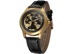 Relógio mecânico automático Forsining com pulseira de PU, casual, resistente à água, masculino (preto + dourado)