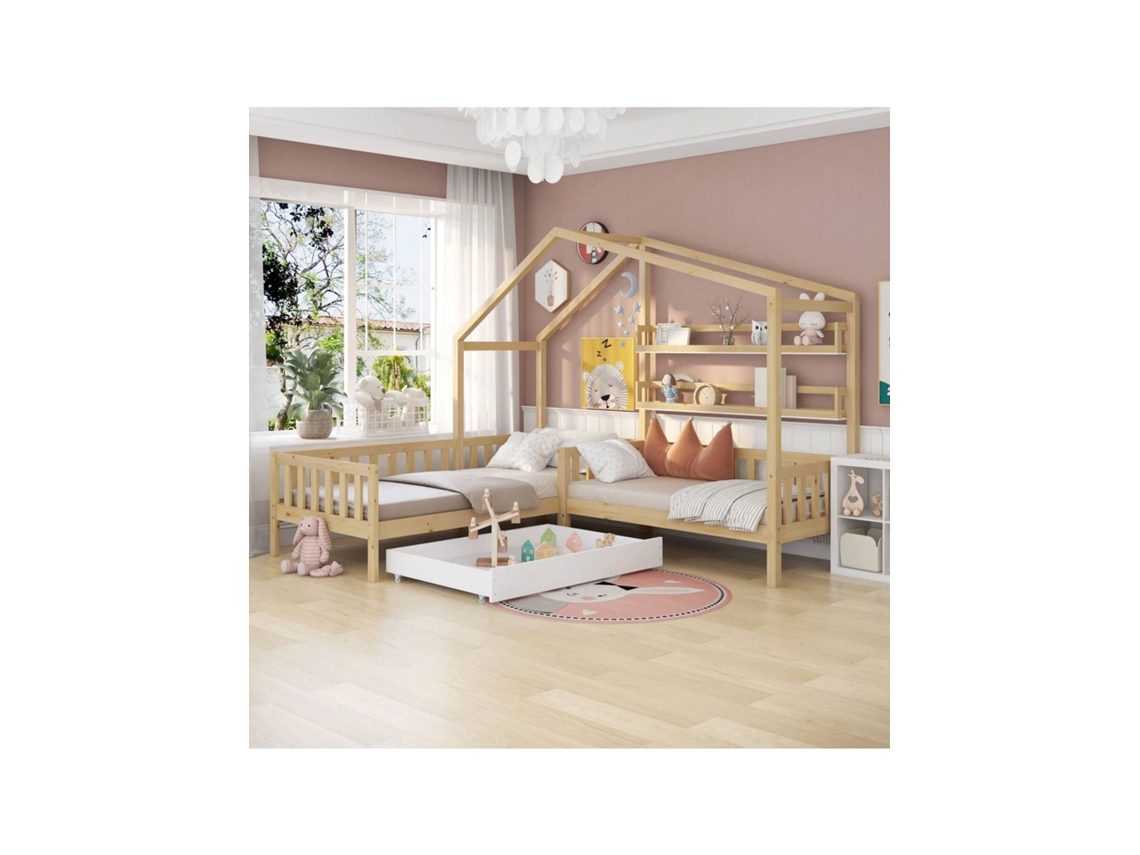 Cama Infantil Tipo Casinha Com Gavetas E Prateleiras,madeira Maciça Com Cerca E Estrutura De Ripas, L (sem Colchão) Quenty (90x200 Cm140x70cm)