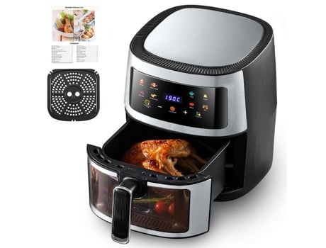 Fritadeira A Ar Quente 6l - Fritadeira Sem Óleo Com Janela Visível Tela Sensível Ao Toque, Termostato/8 Programas/receitas 1400w - Preto Inox