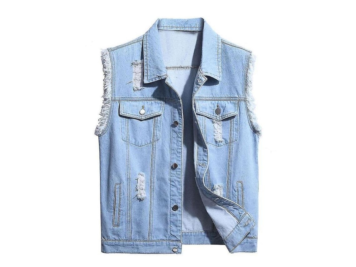 Rebe - Colete masculino casual sem mangas em jeans com efeito desgastado e botões clássicos, tamanho M, azul claro.