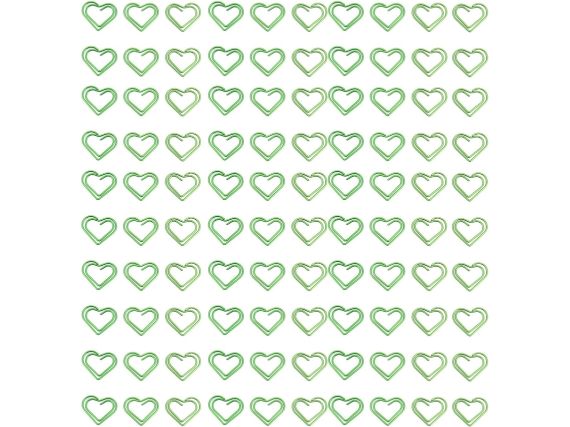 Clipes de papel verdes em formato de coração, clipes deslizantes macios com revestimento metálico, suportes para A