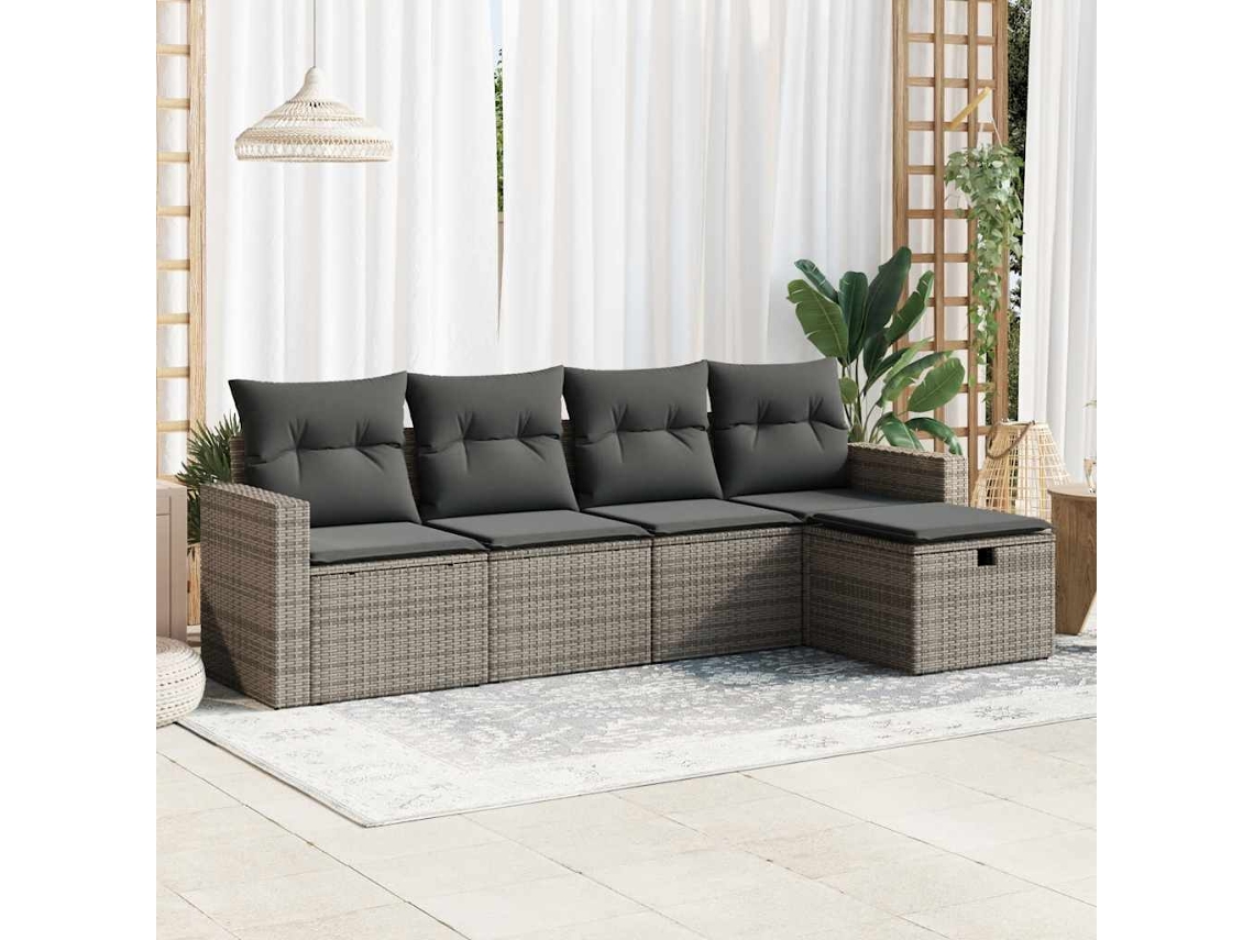 Vidaxl 5 Pcs Conjunto Sofás De Jardim C/ Almofadões Vime Pe Cinzento