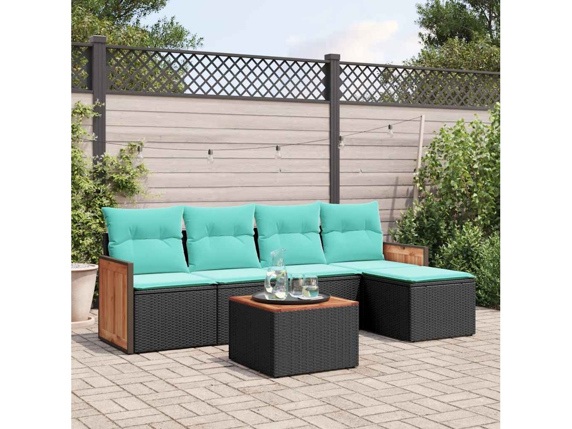 Conjunto de Sofá de Jardim com 14 Peças e Almofadas em Rattan Sintético Preto VIDAXL