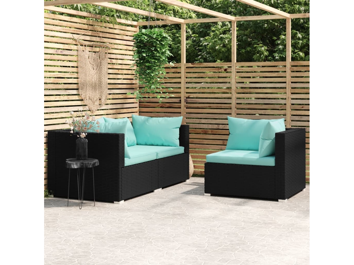Vidaxl 3 Pcs Conjunto Lounge De Jardim C/ Almofadões Vime Pe Preto