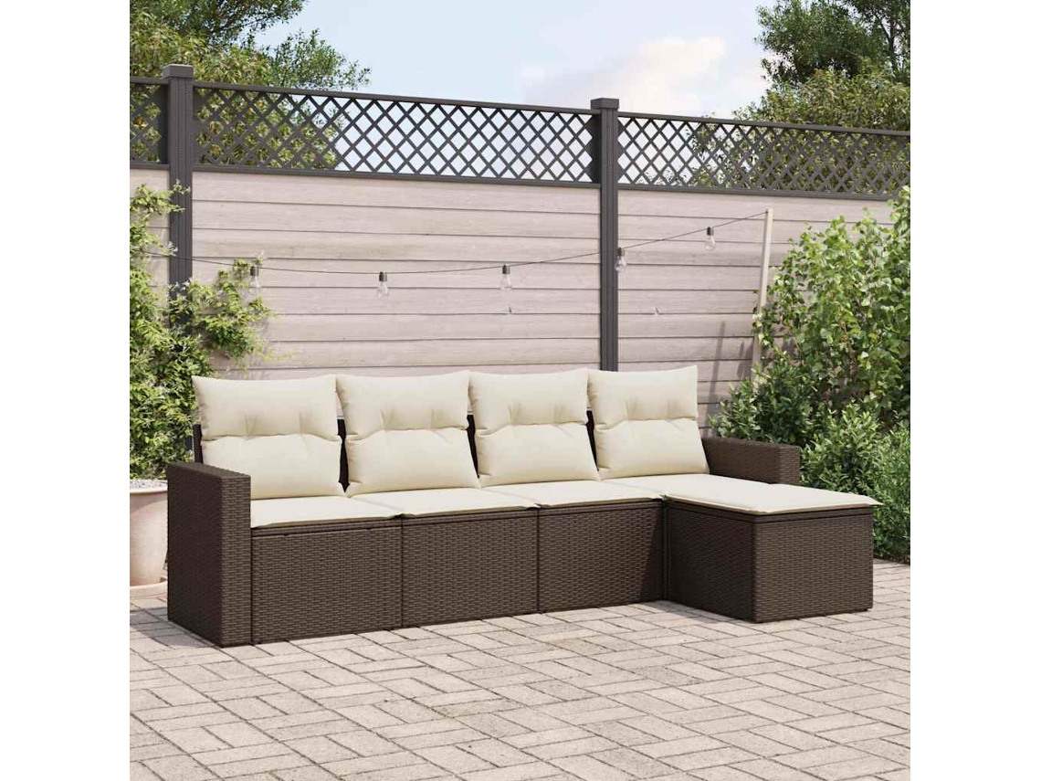 Vidaxl 5 Pcs Conjunto Sofás P/ Jardim C/ Almofadões Vime Pe Castanho