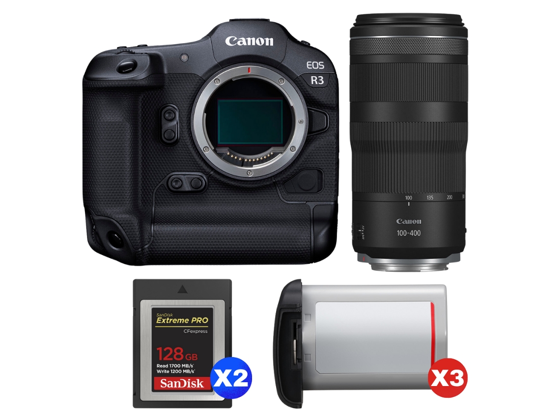 Eos R3 + Rf 100 400mm F/5.6 8 Is Usm + 2 Sandisk 128gb Extreme Pro Cfexpress Type B + 3 Canon Lp e19 + Ebook Pricedirect CANON