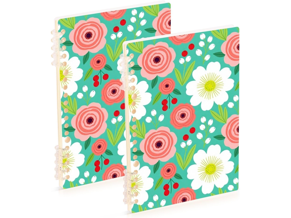 Conjunto de 2 Cadernos Espiral com Estampa Floral Rosa e Branca Tamanho A5 21,1 X 14,5 Cm Resistentes 60 Fol