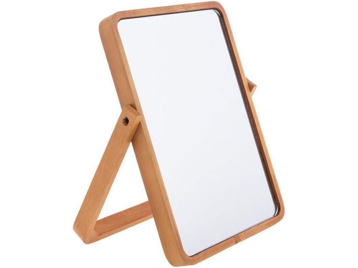 Espejo De Maquillaje De Madera Pino Hd Plegable Con Soporte Ajustable 360 Grados Rectangular Para Mesa Baño