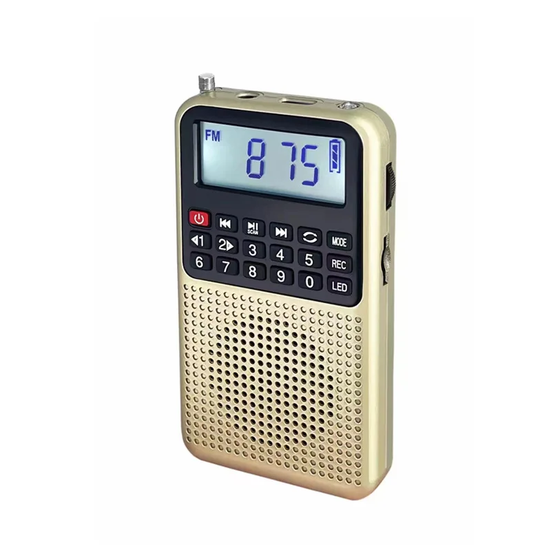 Mini Rádio Fm Alta Sensibilidade Alto falante Bluetooth Gravador Luz Led Suporte para Cartão Tf Fones de Ouvido MDUG (dourado)
