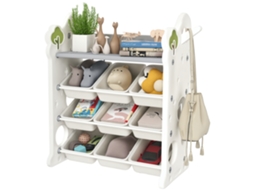 Prateleira Brinquedos Infantil Creme 77x42x94cm 4 Níveis 9 Recipientes Gancho Multiuso