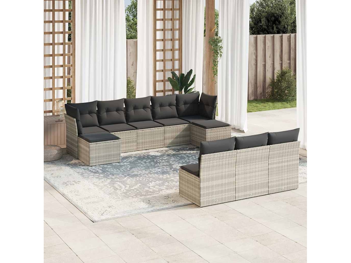 Vidaxl 10 Pcs Conj. Sofás Jardim com Almofadões Vime Pe Cinzento claro