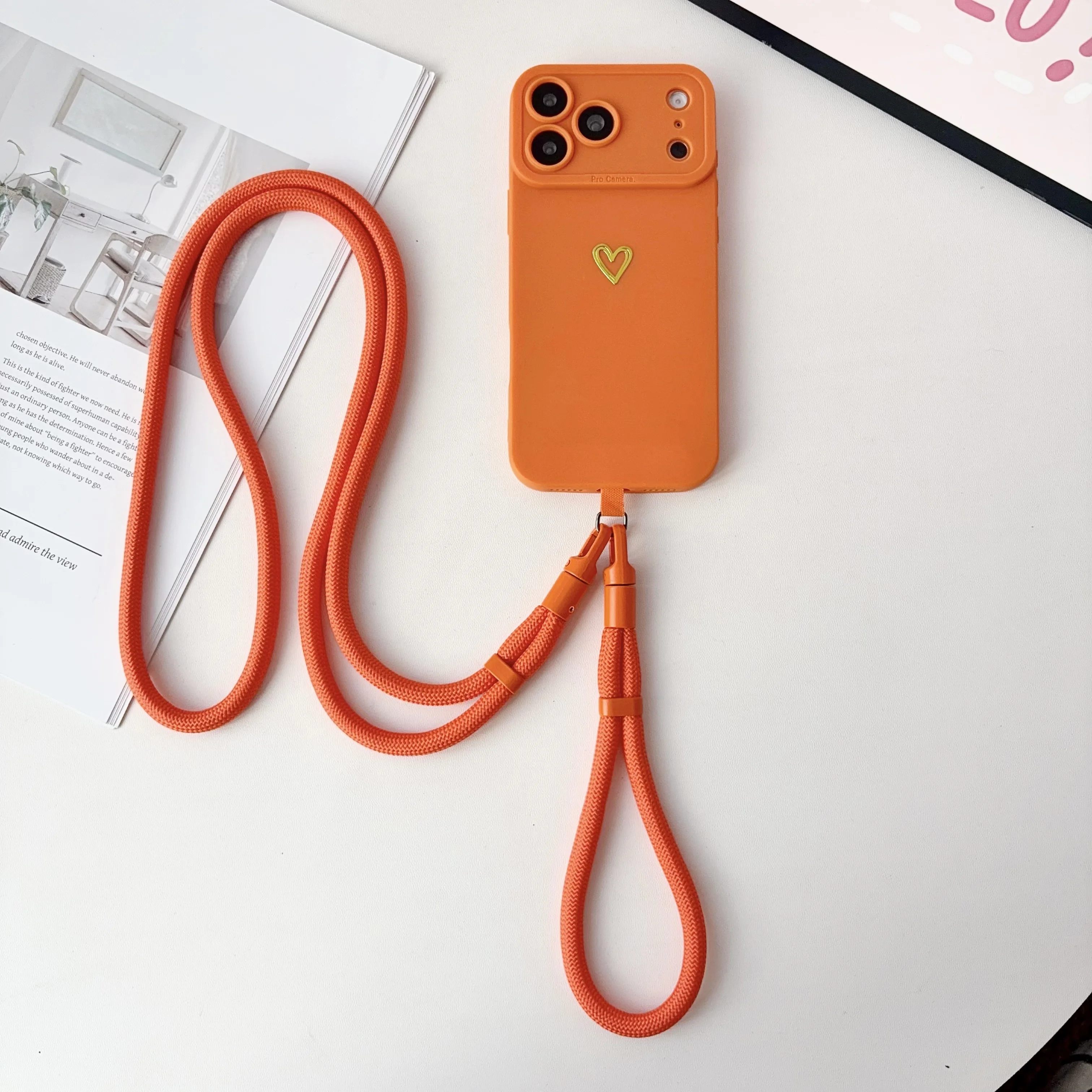 Capa Para Celular (iphone 14 Pro Max Laranja) Com Alça De Mão E Transversal, Resistente A Quedas, Em Silicone Macio.