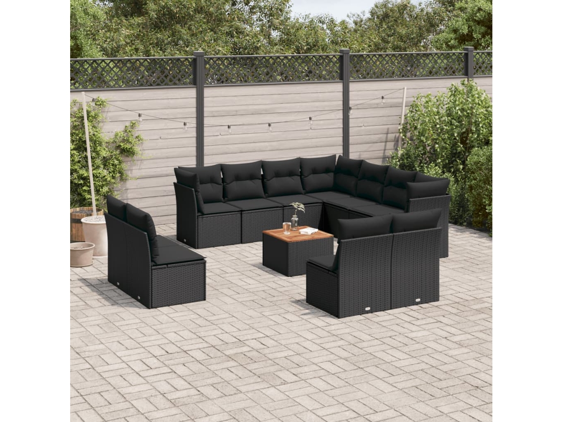 Conjunto de Sofá de Jardim 12 Peças C/ Almofadões Vime Pe Preto Dkd Home Decor