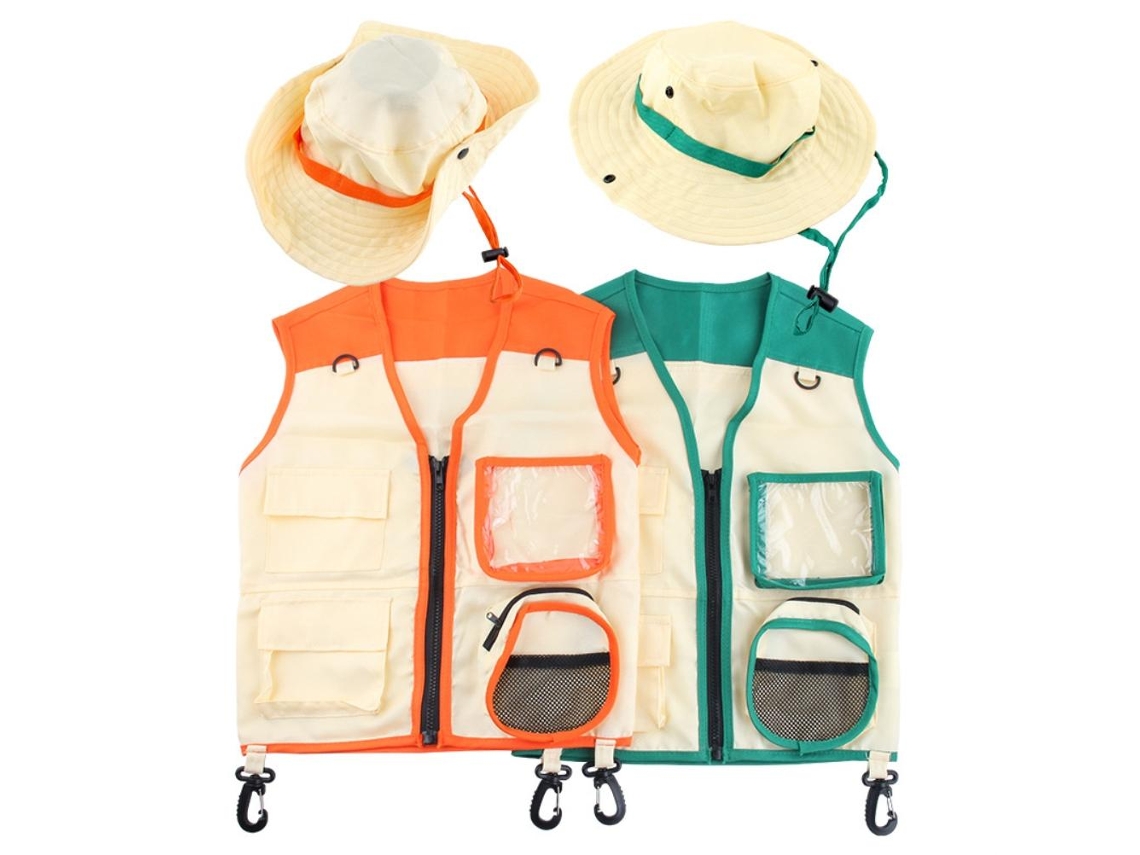 Primerox kit Traje Explorador Infantil com Colete e Chapéu Aventura Outdoor Cosplay Menino Menina