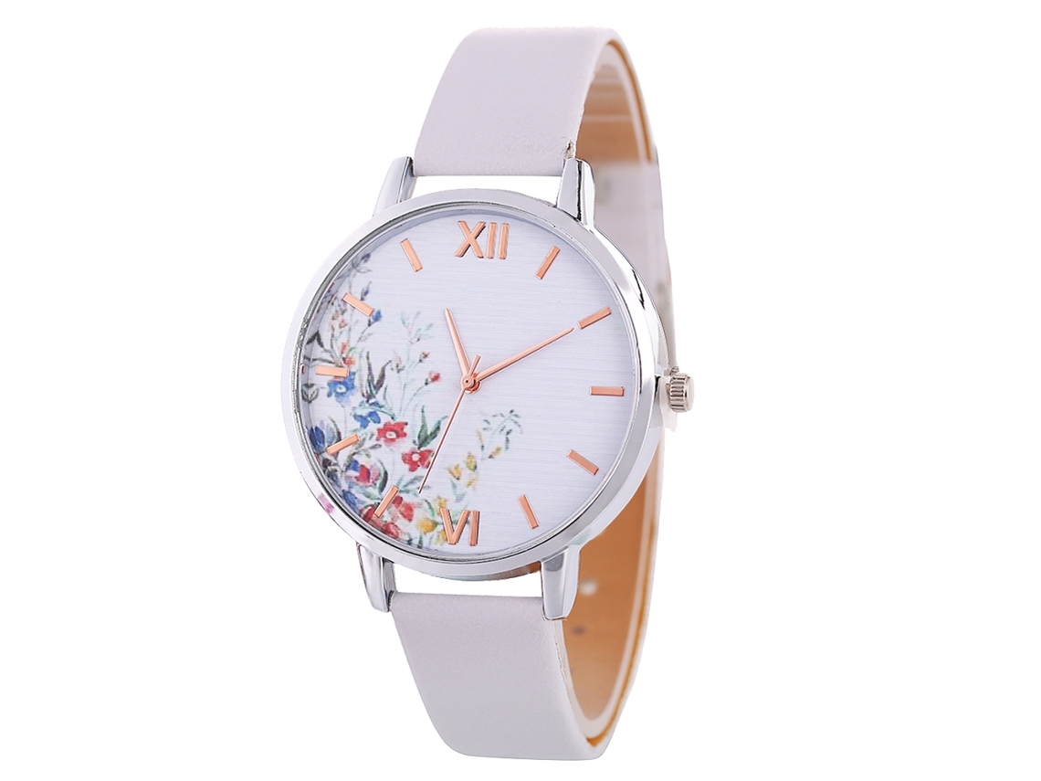 Relógio Feminino de Quartzo com Pulseira de Couro Pu e Dial Floral Branco Fashion