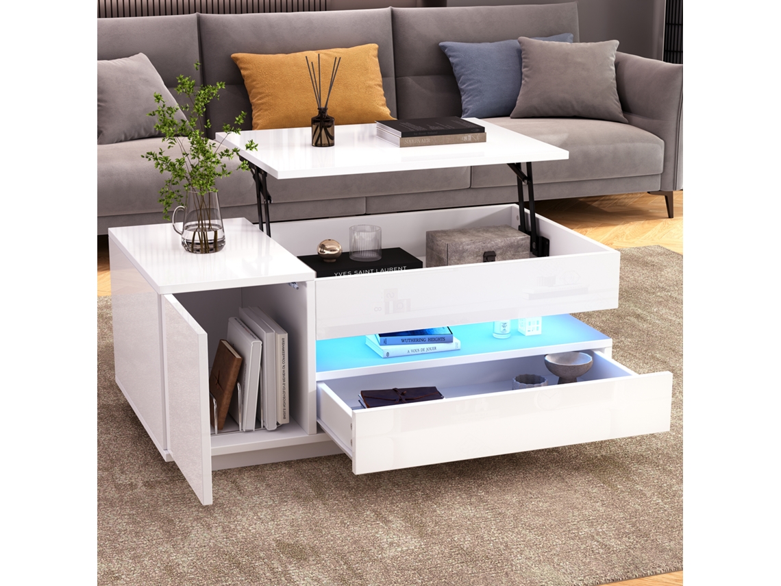 Mesa Elevatória de 95x50x34,5 cm, com Gaveta, Armário, Iluminação Led e Espaço Oculto ZKAKA