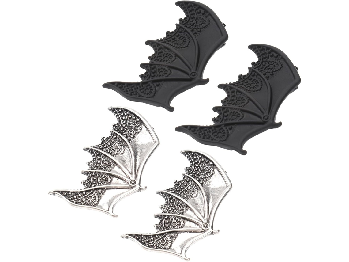 Presilhas de cabelo punk em formato Morcego, em liga metálica Preta, 2 pares para o Halloween.