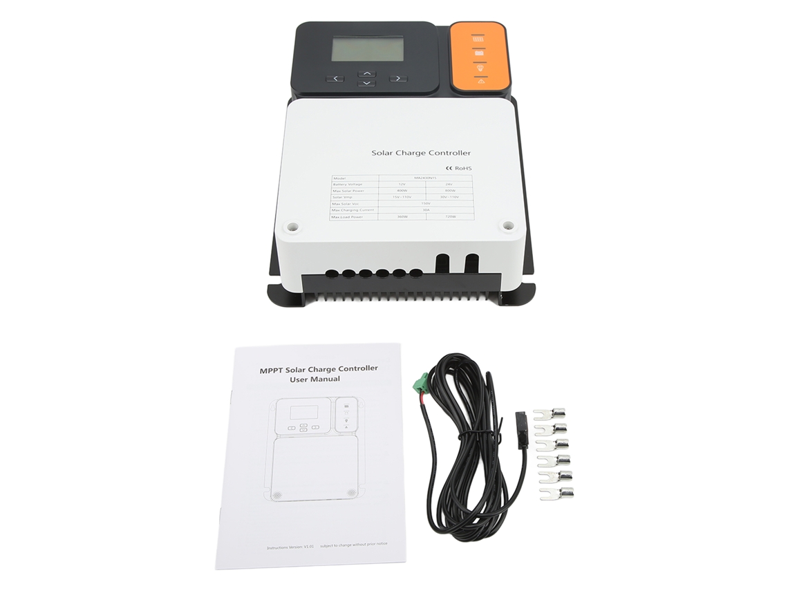 Controlador de carga solar MPPT 12V 24V 30A com proteção contra sobrecarga e descarga excessiva.