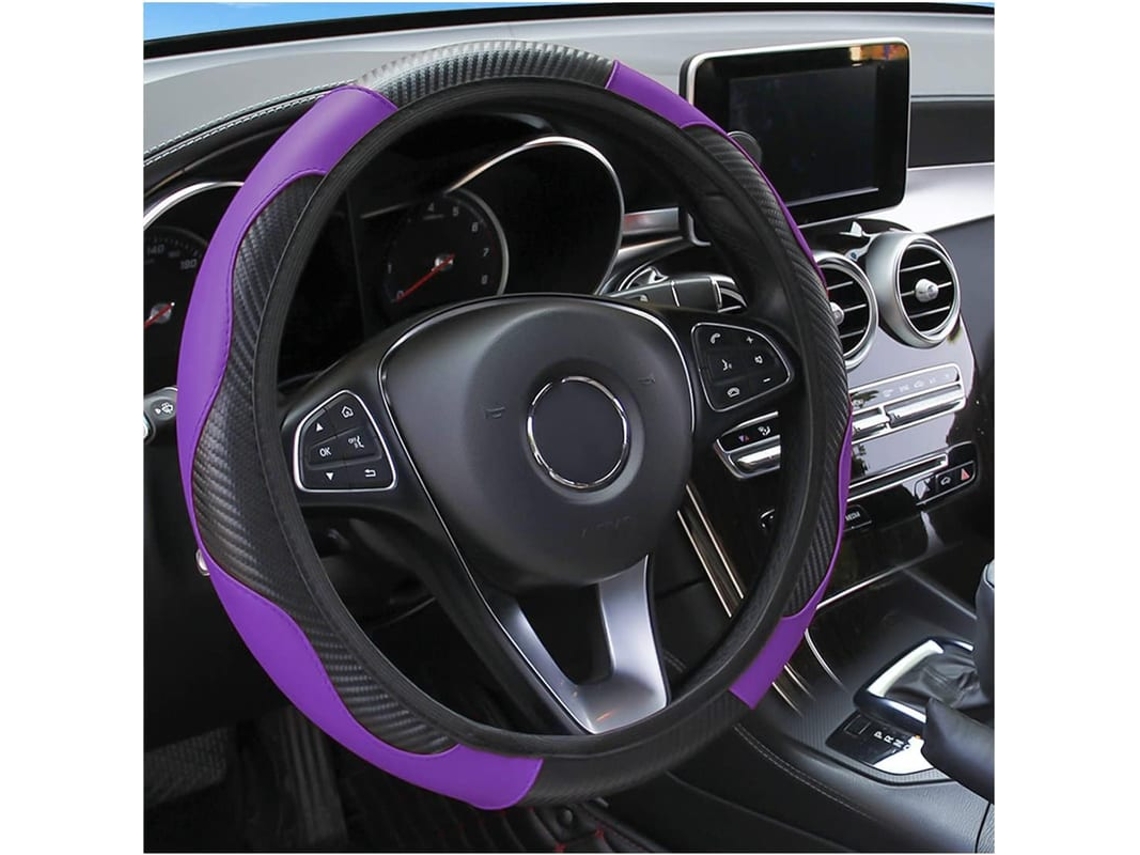 Capa de volante antiderrapante em couro com fibra de carbono (preto/roxo) 2026 - 15 polegadas