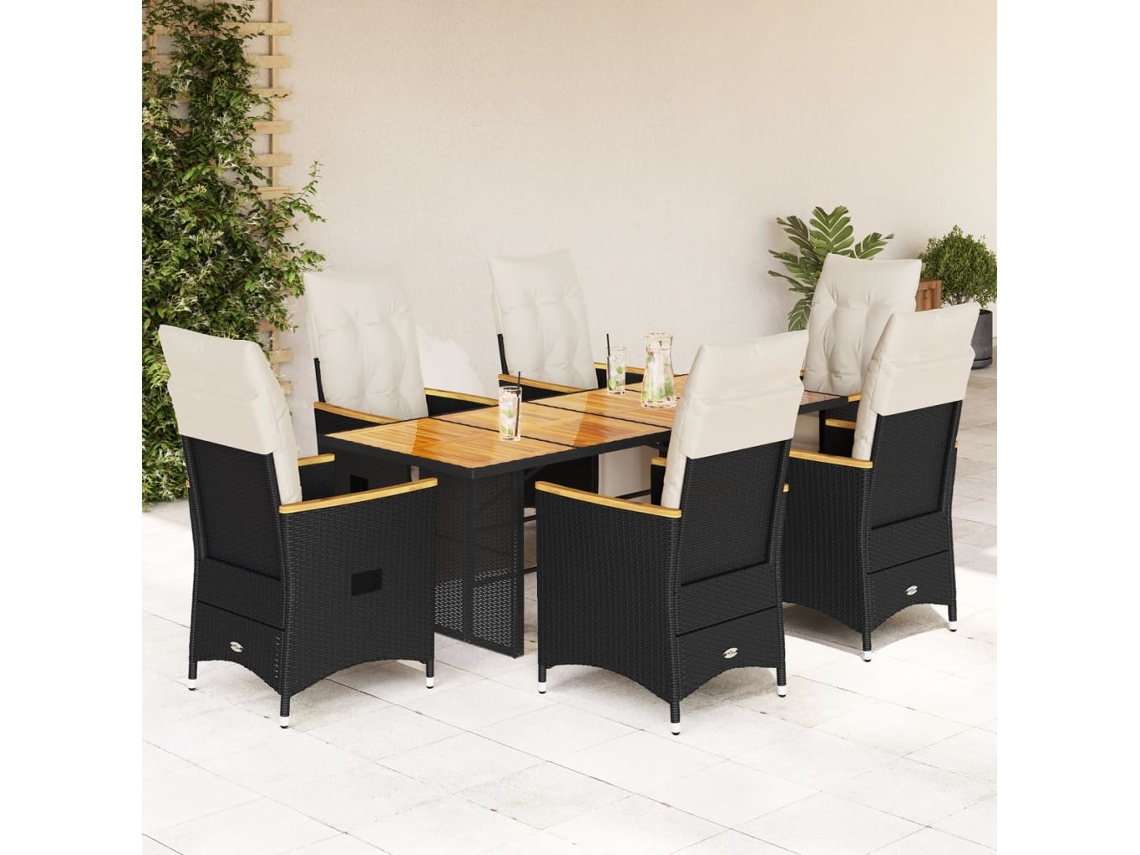 Vidaxl 7 Pcs Conjunto De Bistrô P/ Jardim C/ Almofadões Vime Pe Preto