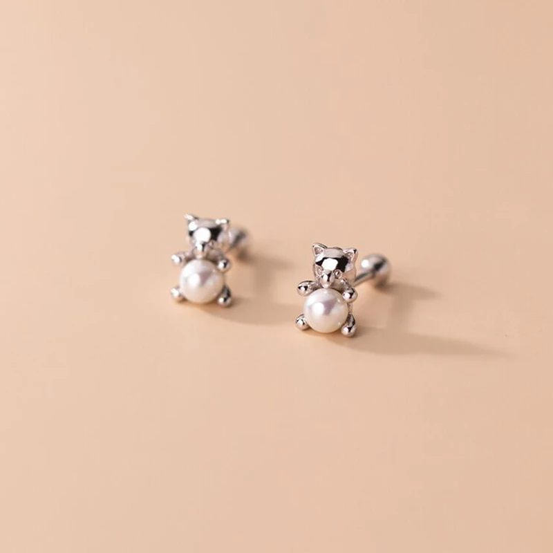 Brincos de Urso Mini Simples com Pérola, Brincos de Urso Românticos e Fofos MDUG (prateado)