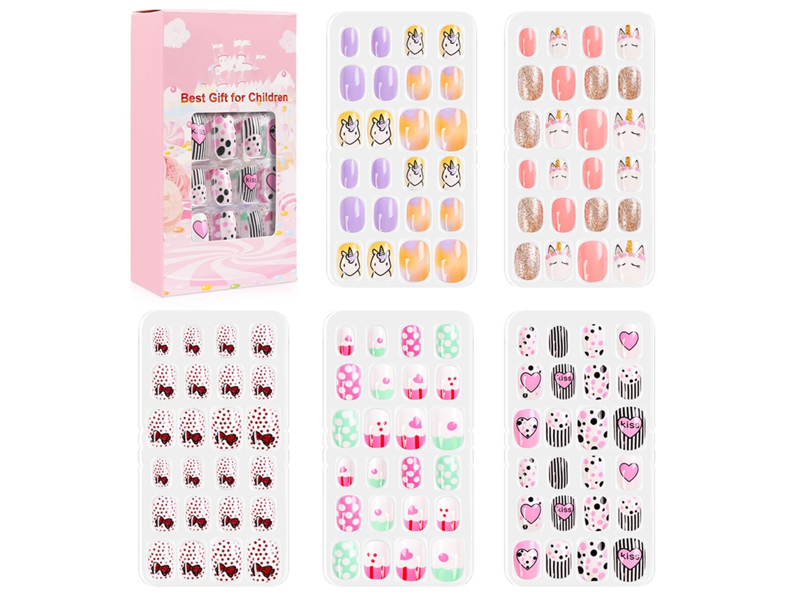 120 Peças Conjunto Unhas Falsas Adesivas Fofas Para Crianças Diy Arte De Unhas Presente Infantil