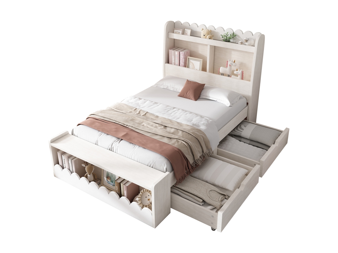Cama infantil 90x190cm com gavetas e prateleira em madeira branca e carvalho, para organização e conforto PAPRIKA