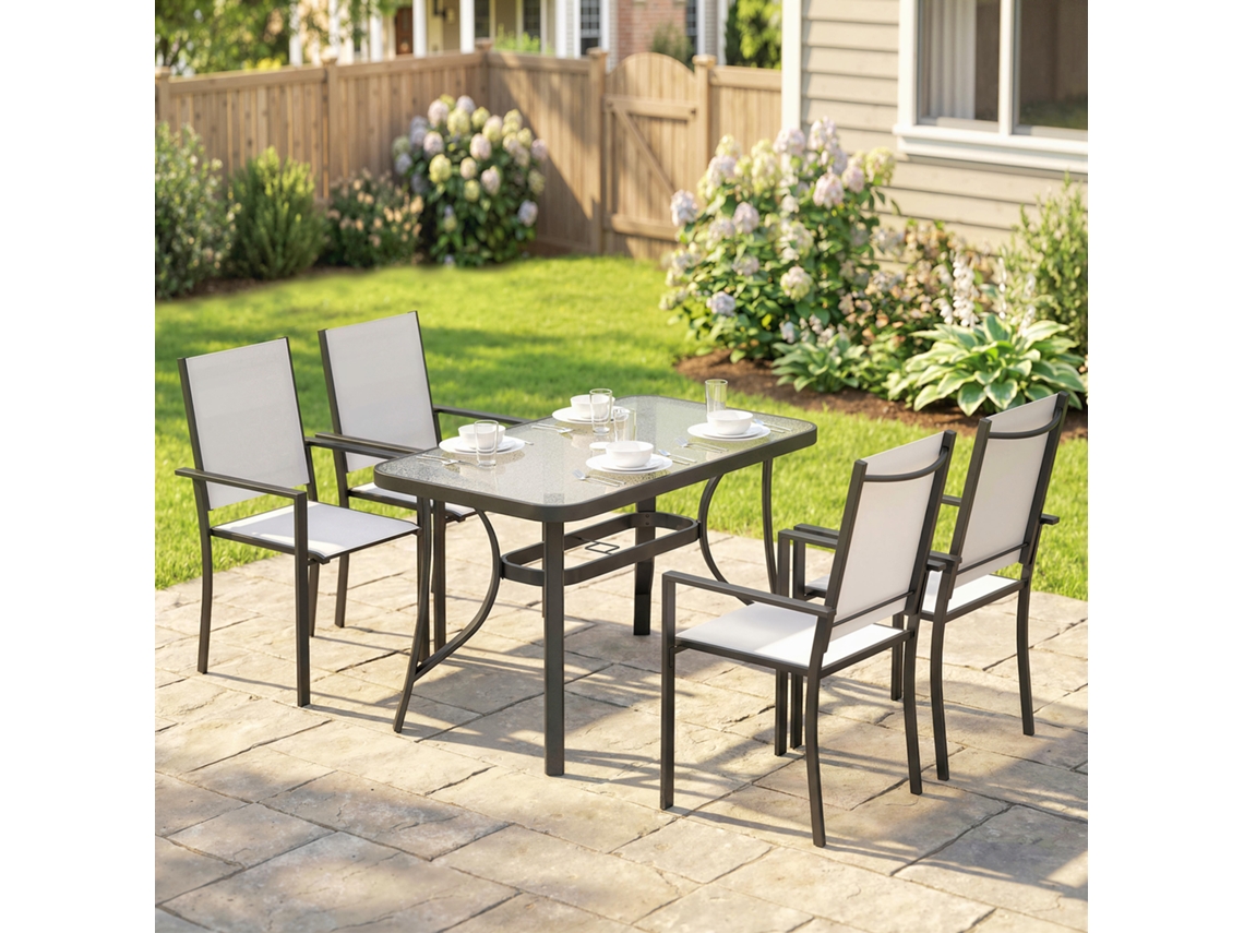 Conjunto Para Área Externa Com 5 Itens, Incluindo 4 Cadeiras Que Empilham E Mesa De Vidro Temperado Cinza Claro Com Abertura Para Guarda-sol