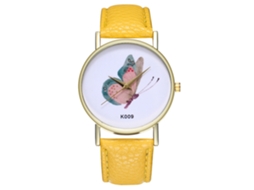 Relógio de Pulso Feminino Zhoulianfa Borboletas Moda Couro Quartzo Amarelo