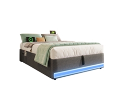 Cama Estofada 90x200cm com Led,portas Usb e Tipo c,bolsos de Armazenamento,hidráulica,cinza,sem Colchão PAPRIKA