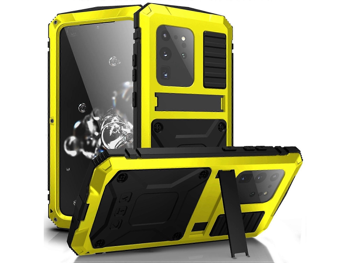 Compre R-just Para Samsung Galaxy S20 Ultra Metal Silicone Capa De Pc Com Suporte E Película De Vidro Temperado Amarela