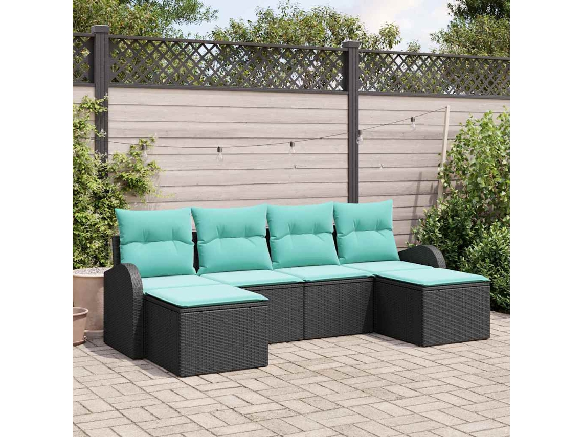 Vidaxl Conjunto De Sofás 6 Unid. Preto E Turquesa Vime Pe