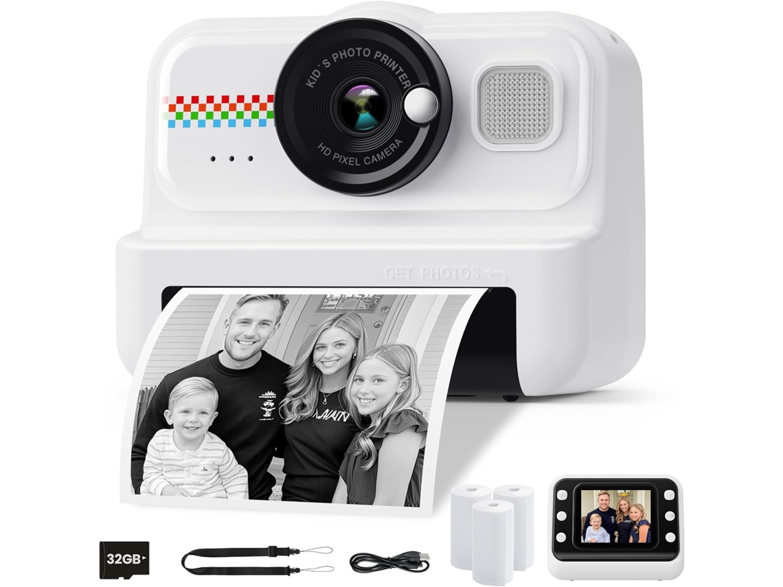 Máquina Fotos Infantil Impressão Instantânea,1080p Hd, 32gb, 3 Rolos Papel, para 3 14 Anos Branco HEXINYIGJLY