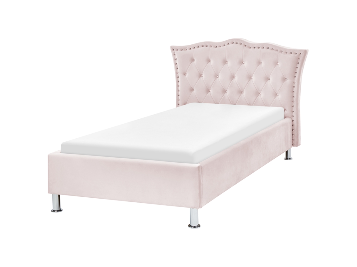 Cama Chesterfield Estofada Em Veludo Beliani Metz De Veludo Rosa Pastel 90x200