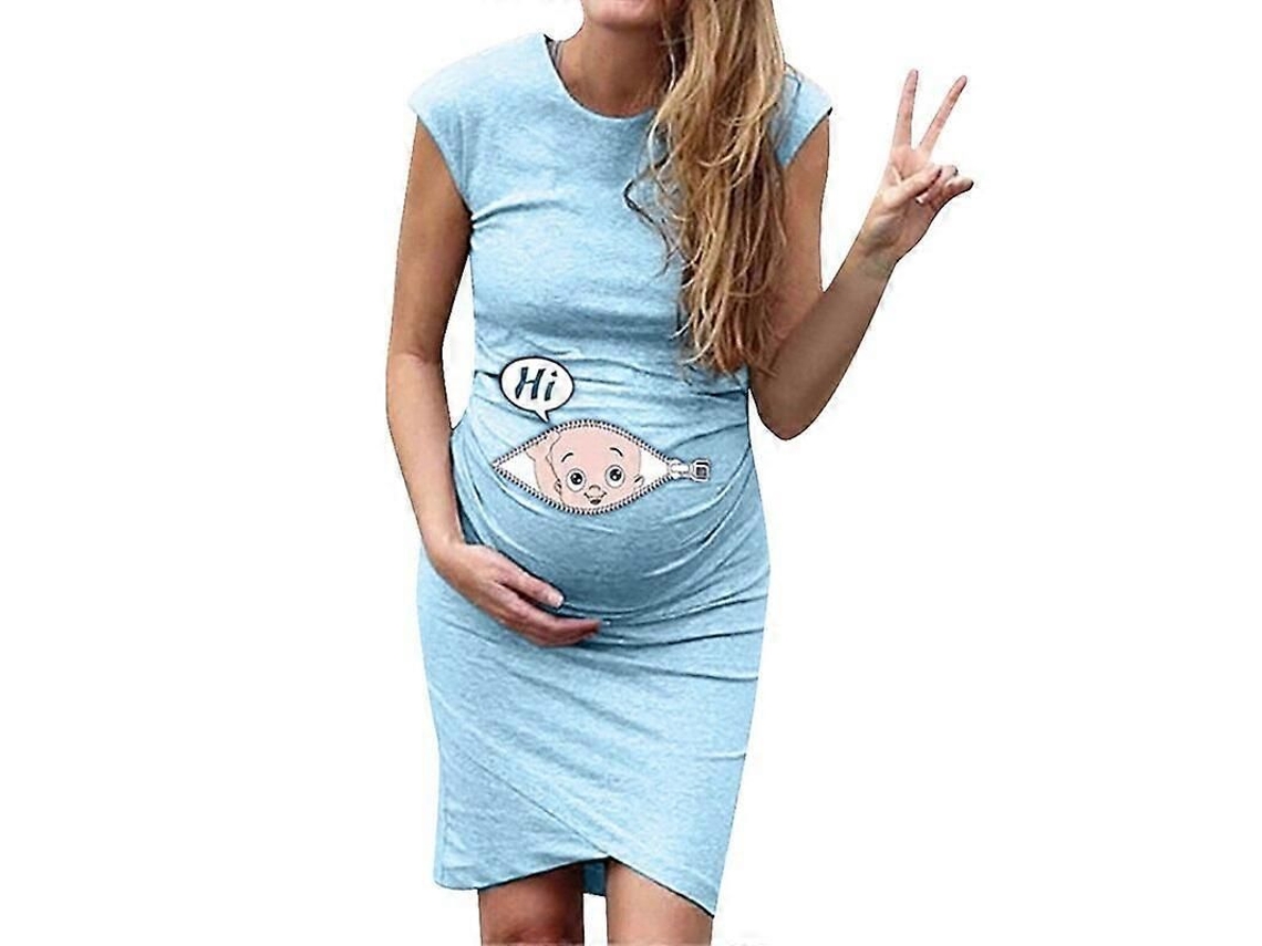 Vestido Maternidad Suelto Casual Plus Size Con Estampado De Letras Y Dibujos Animados Azul Cielo L