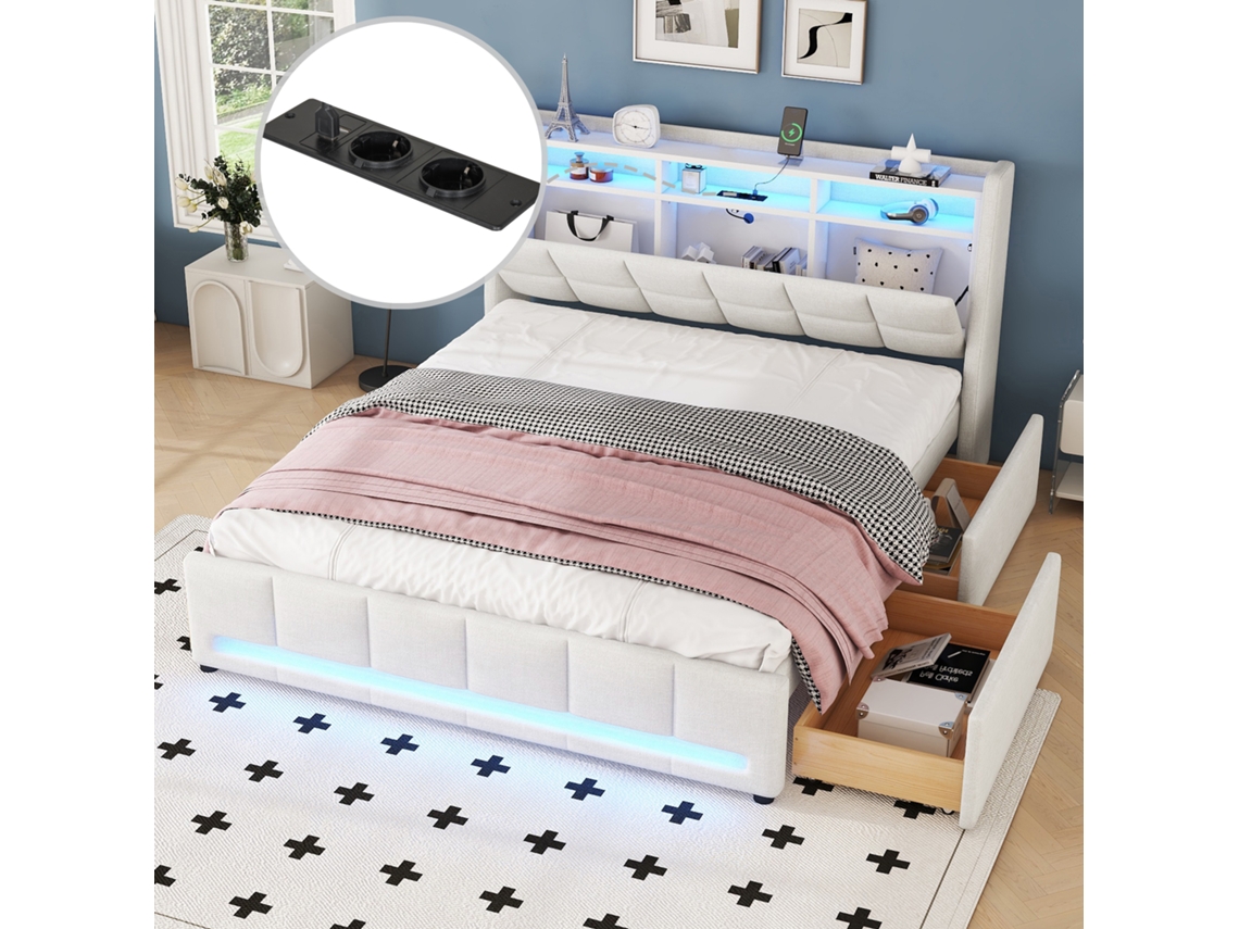 Cama Box 140x200 Cm Led App 2 Gavetas Usb Tomadas Bege Linho Sem Colchão