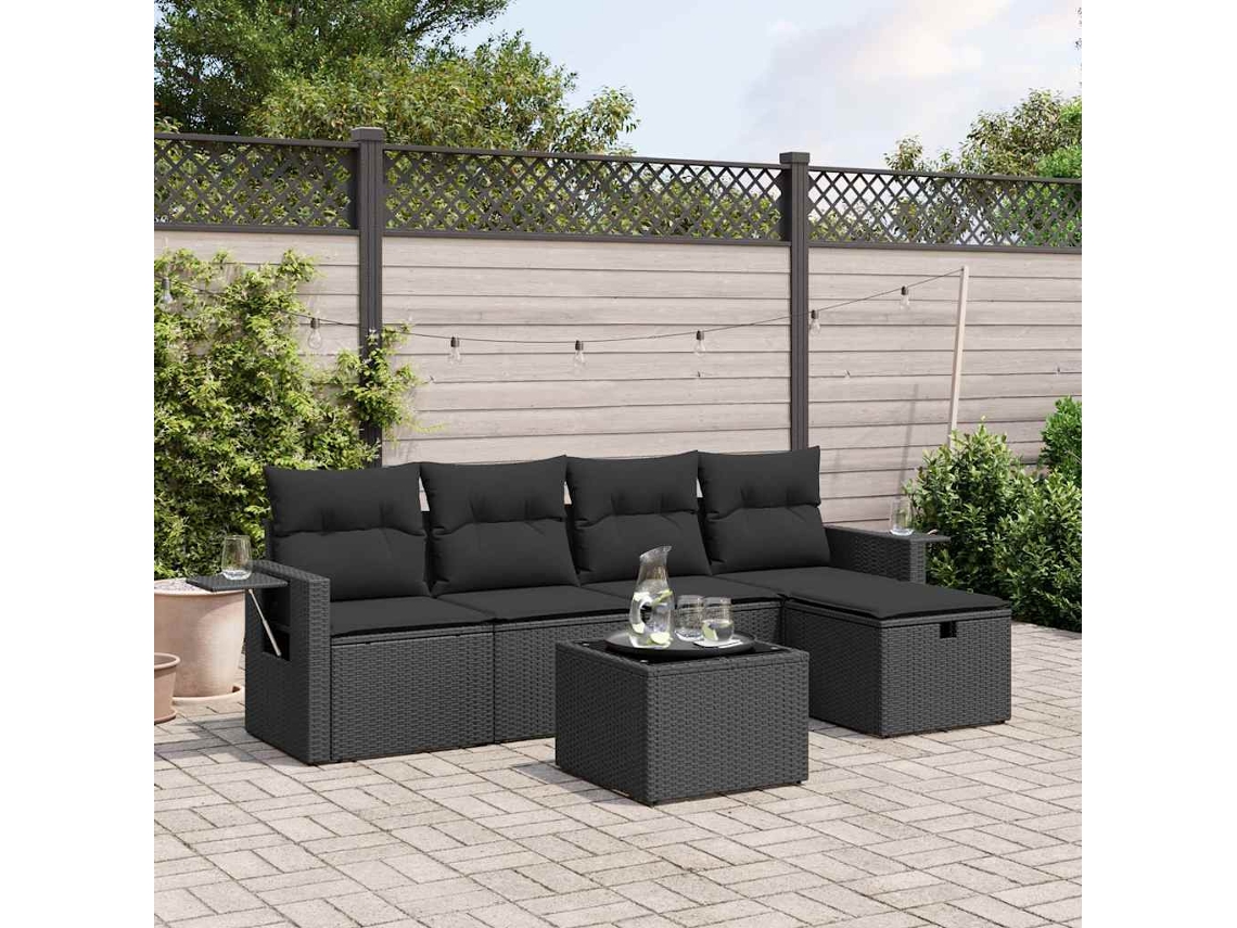 Vidaxl 6 Pcs Conjunto Sofás De Jardim C/ Almofadões Vime Pe Preto