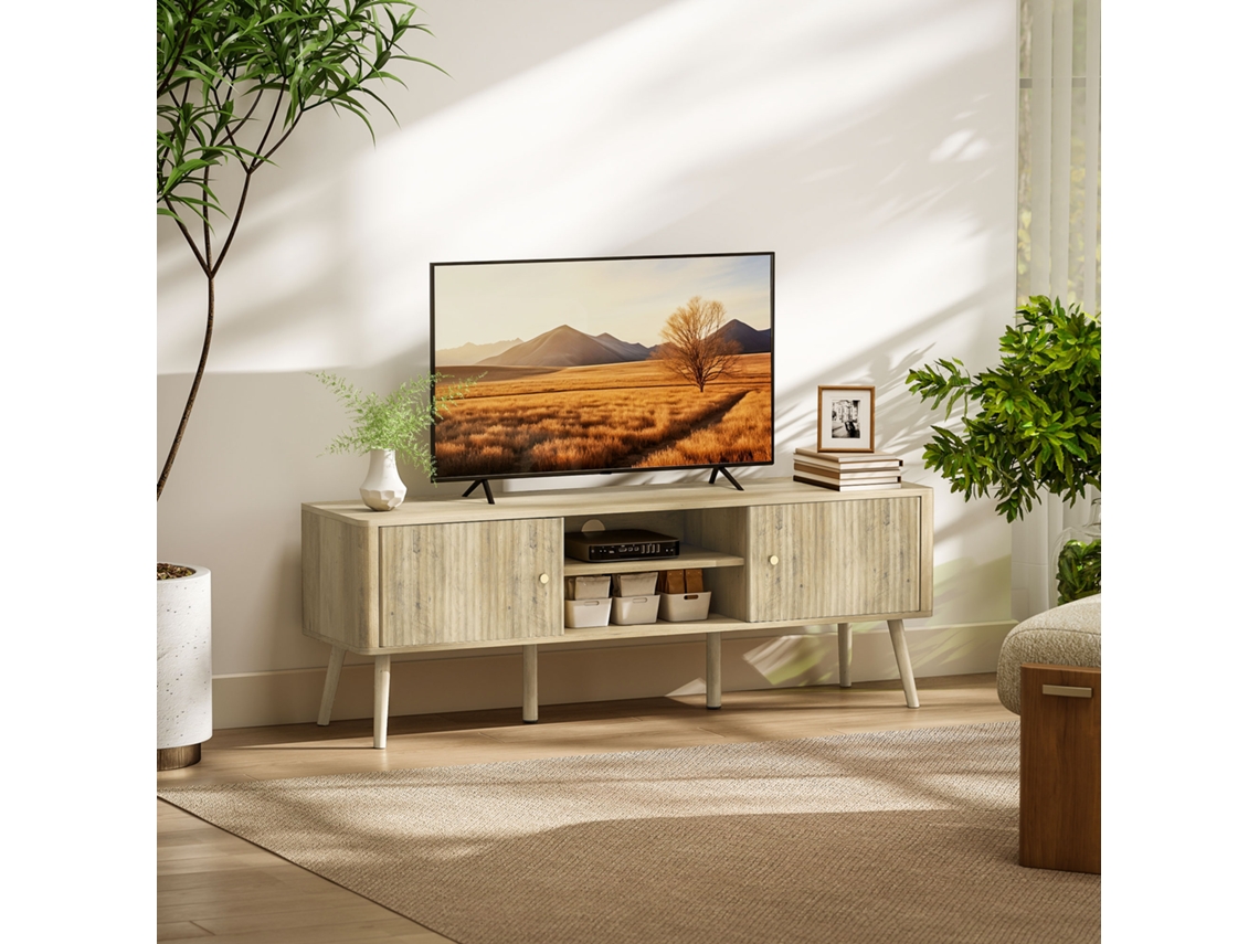 Móvel Tv, Mobiliário Para Televisão Até 65 Polegadas Com 2 Portas, 2 Compartimentos Abertos, Prateleira Regulável, 140x35x49cm, Carvalho.
