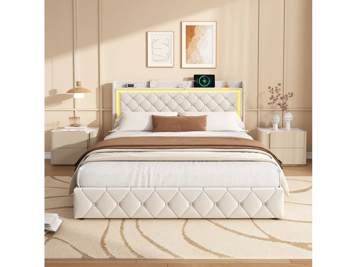 Cama De Casal 140x190cm Sommier Com Arrumação E Gavetas, Cama Estofada Veludo Bege Com Cabeceira Led Rgb E Portas Usb/type-c, Cama De Adulto Moderna