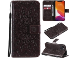 Capa Polegada Girassol Design Relevo Stent para iPhone 14 HONGWE. Pele Sintética Magnética Castanho