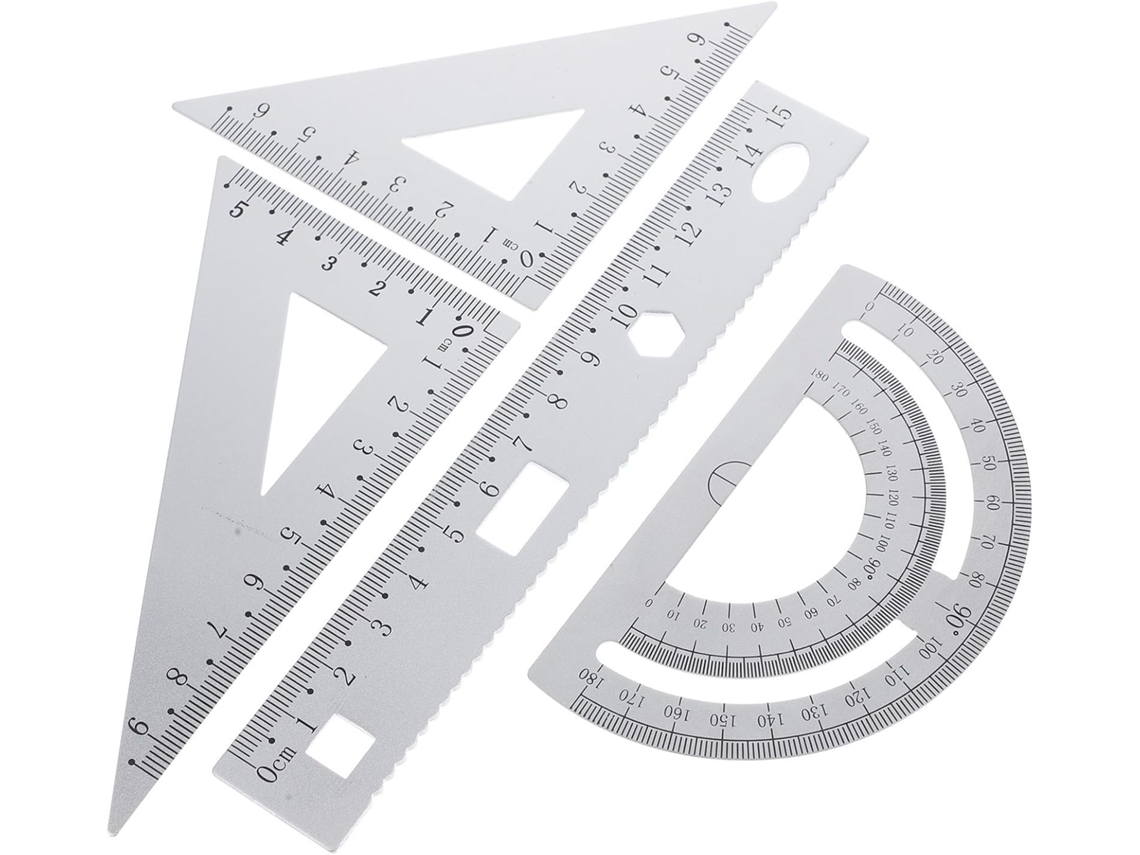 Conjunto de réguas geométricas em metal, 4 réguas em liga de alumínio laminado, portáteis e duráveis para uso ocasional.