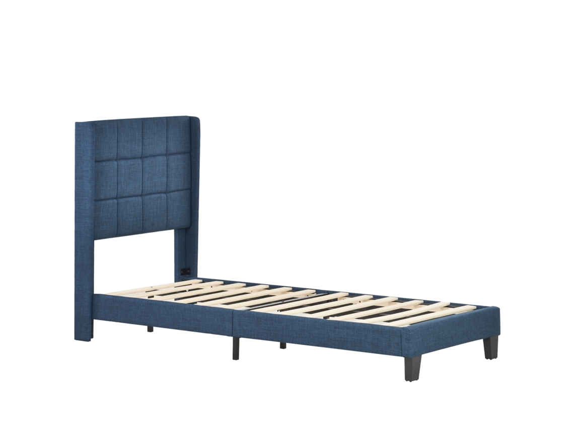 Cama Estofada Solteiro 90x200cm com Cabeceira em Linho Azul e Colchão de Molas,conforto e Estilo para Seu Quarto PAPRIKA