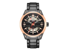 Relógio masculino Curren, aço inoxidável, resistente à água, quartzo, casual, pulseira preta, caixa em ouro rosa.