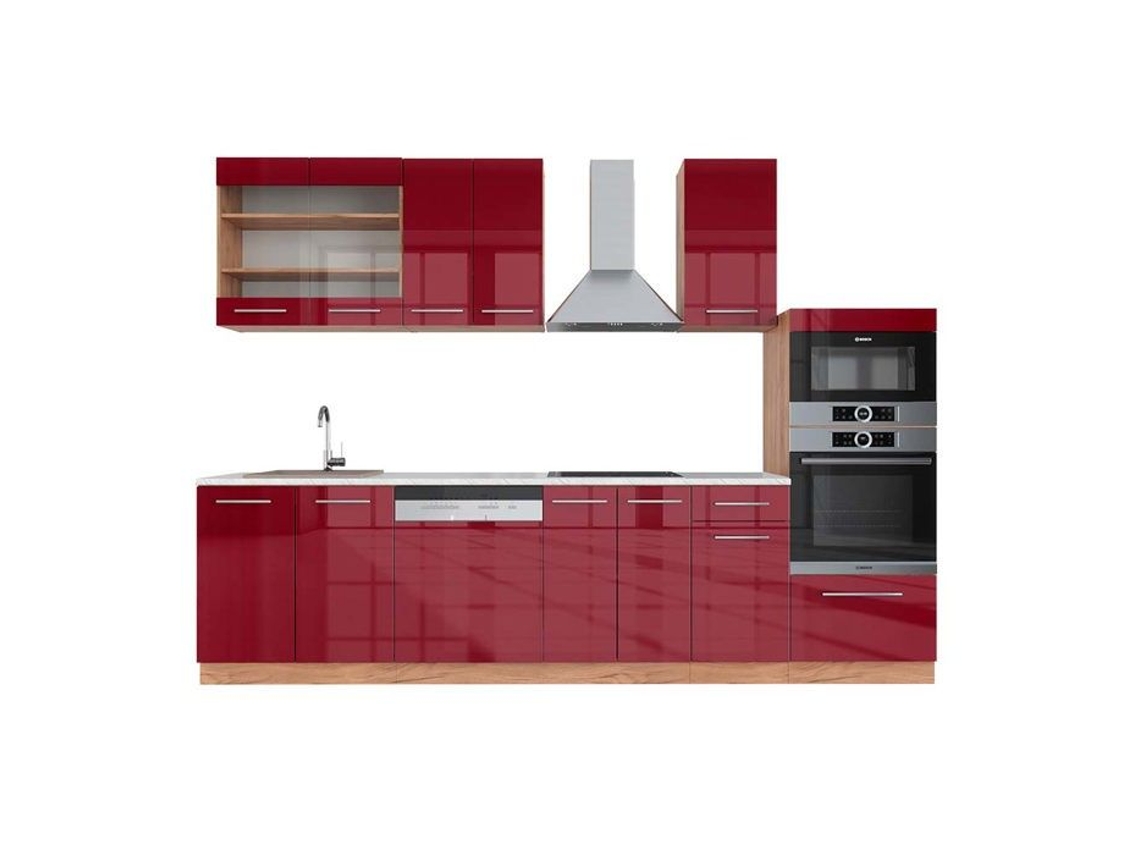 Cozinha Fame-Line, 300 cm com armário alto, Mármore PT, Bordeaux brilhante/Carvalho dourado, Vicco