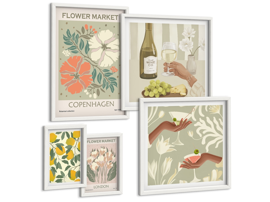 Galeria De Pinturas Murais Motivos Florais Tóquio Londres Paris Moldura Branca Fotos Para O Escritório Espelharte (conjunto De 5 Imagens)