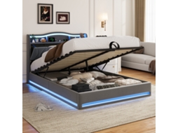 Cama De Casal 160x200 Cm, Cama Estofada, Usb Tipo C,luzes Led, Com Caixa De Armazenamento, Tecido De Veludo Cinza